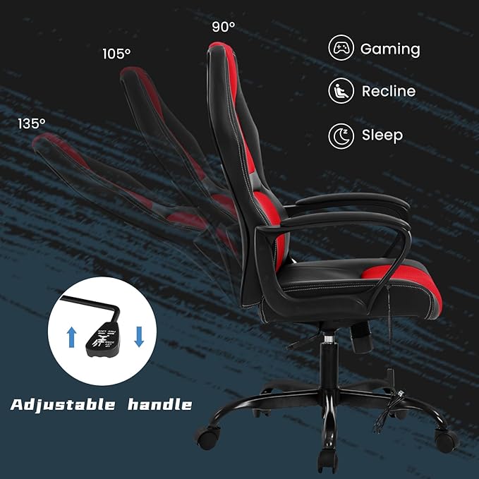High-Back Racing Gaming Chair with Massage Lumbar Support - Ergonomic Adjustable Swivel - Black PU Leather - Perfect for Home Office or Gaming (Red)