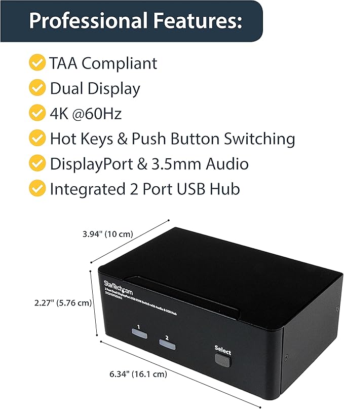 StarTech.com 2-Port DisplayPort KVM Switch - Dual-Monitor - 4K 60 - with Audio &amp USB Peripheral Support - DP 1.2 - USB Hub TAA (SV231DPDDUA2)