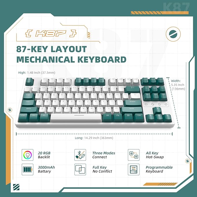 ZIYOU LANG K87 Wireless Gaming Mechanical Keyboard TKL 87 KeysTriple Mode 2.4GHz/BT 5.0/Coiled Keyboard Cable RGB Backlit Hot Swap Keyboard 3000mAh Battery Linear Yellow Switch for Win/Mac/Linux