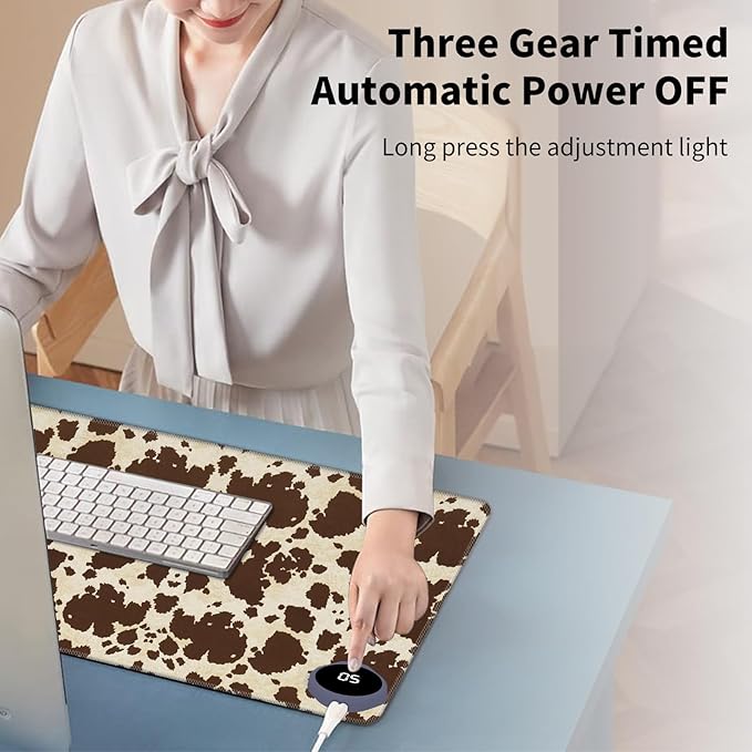 Warm Desk Pad Warm Mouse Pad Gaming Office Desk Matwith 3 Levels Heated &amp 3 Hours Auto Shut - 23.6 x 14.2 inch PU Leather Laptop Keyboard Mat for Home Office Hand WarmerBrown Cow Print Pattern