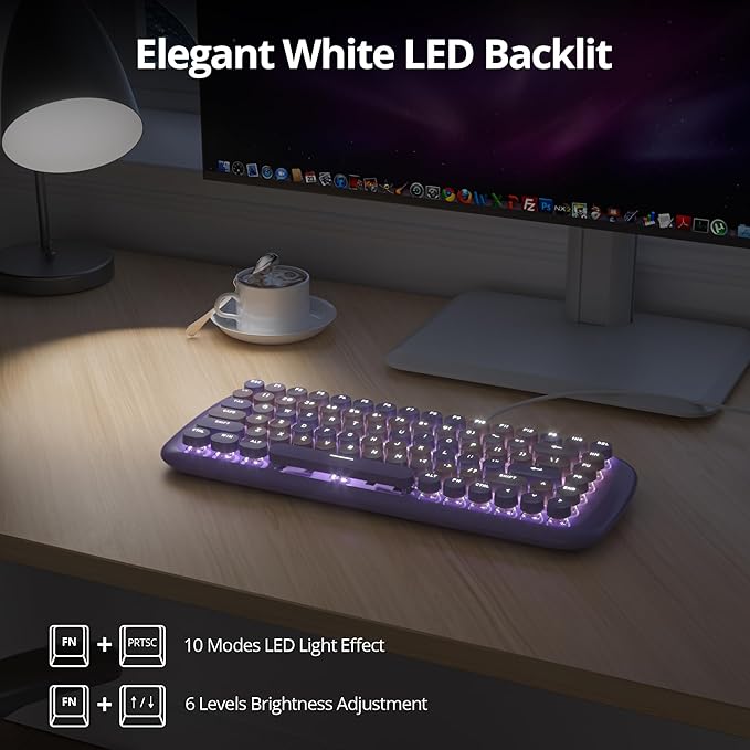 Purple Creamy Mechanical Gaming Keyboard Aesthetic Keyboard w/White Backlit 84 Keys Cute Retro Typewriter Computer Keyboard Wired w/Pink Switch Round Keycap for Windows/PC/PS5 (Purple)