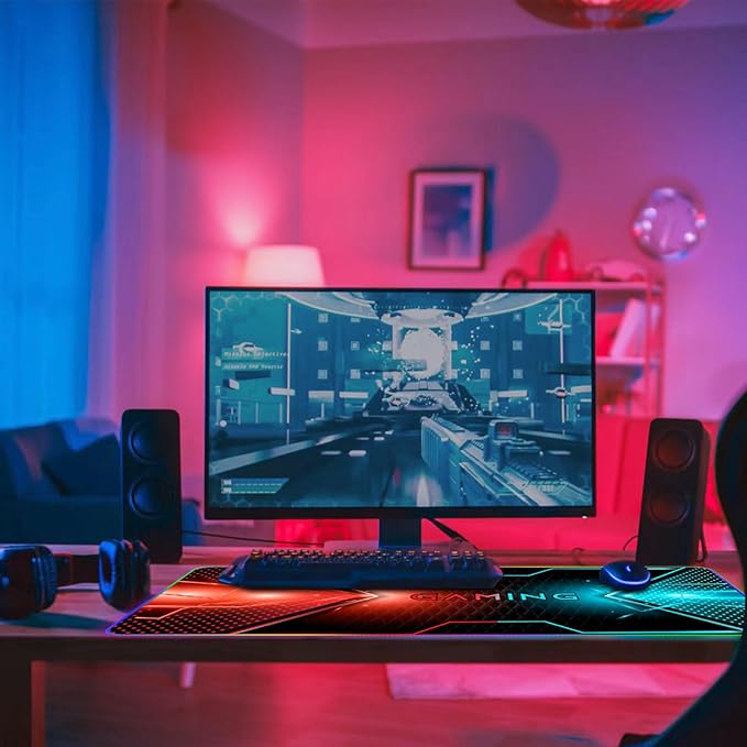 RGB Gaming Mouse Pad DINKY Large Extended Soft Led Mouse Pad with 14 Lighting Modes Water Resist Keyboard Pad Computer Keyboard Mousepads Mat 35.4×15.8 inches-Cool Gaming