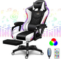 RGB Computer Chair with Footrest Full Massage Gaming Chair with Speakers Video Game Chair with Lumbar Support Headrest PU Leather 360°Swivel Recliner Chair High Back Office Chair for GamingWhite