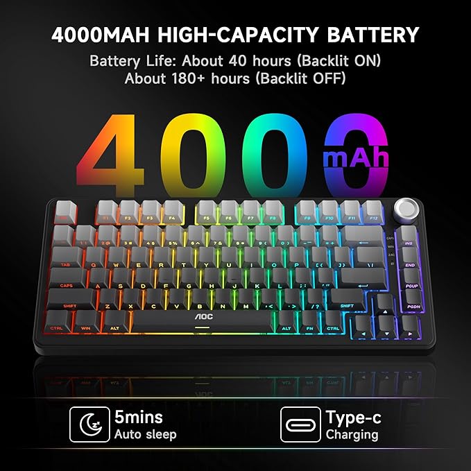 AOC GK330 Gaming Keyboard Hot Swappable Wireless Mechanical Keyboard Support BT/2.4GHz/USB-C RGB Backlit Pre-lubed Reaper Switches Anti-ghosting 75% Gasket Custom Keyboard with Five-Layer Padding