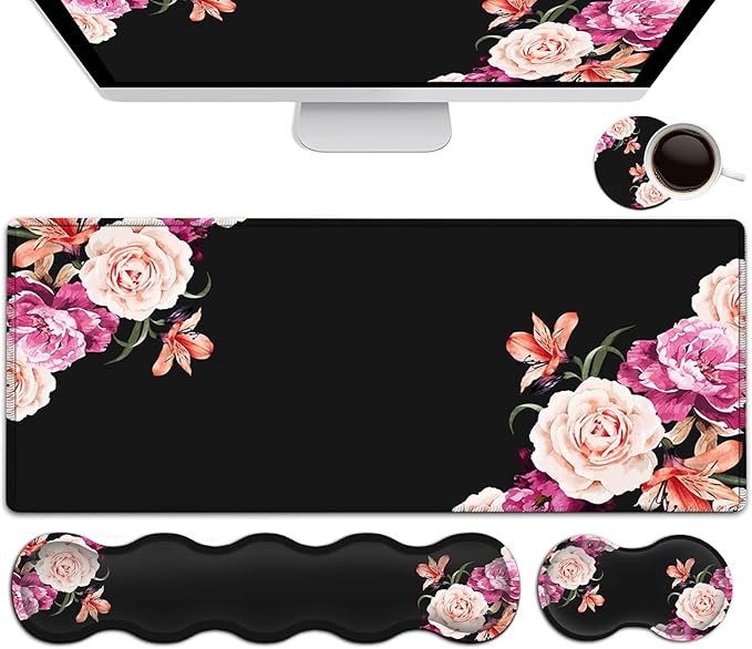 Black Mouse PadKeyboard Mouse Pad SetExtended Gaming Mouse Pad + Memory Foam Keyboard Wrist Rest SupportPeony Flower Office Desk Mat Writing Pad Easy Typing Pain ReliefXXL Large Mousepad Desk Mat