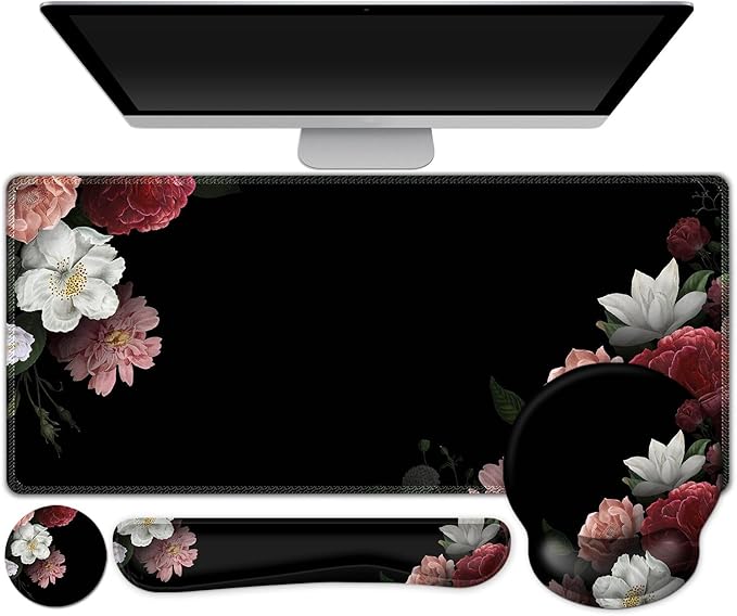 AIMSA Mouse PadLarge Black Desk Mat XXL Mousepad+Keyboard Wrist Rest+Ergonomic Mouse Wrist Rest+Coaster Set4in1 Desk Pad for Home Office Table Computer-Vintage Flower