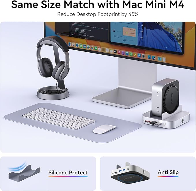 Yottamaster 9 in 1 Mac mini M4 Dock 10Gbps with 8TB NVMe SATA SSD Enclosure Aluminum Mac mini M4 Stand and Hub Built in Cool Fan USB-A*2/USB-C 10Gbps USB-A 2.0 * 2 3.5mm Audio*2 TF/SD