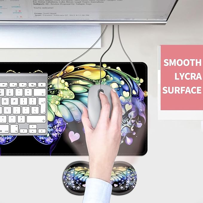 Mouse PadLarge Desk Mat Set 4in1 XL Mousepad + Keyboard Wrist Rest+Mouse Wrist Rest+Coaster with Ergonomic Desk Pad for Home Office Table Computer Cover -Fantasy Butterfly