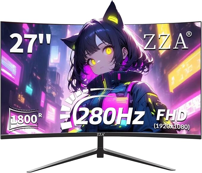 ZZA Curved Monitor 27 inch280Hz PC MonitorFull HD 1080P Computer MonitorEye-Care Display with HDMIDPFramelessFreeSyncWall Mountable for Office and Home