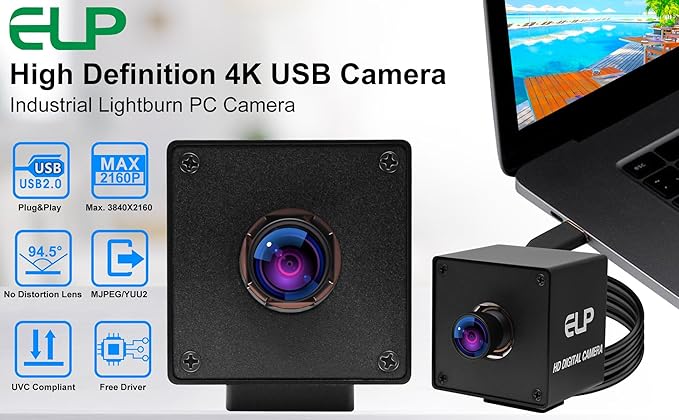 ELP 4K USB Camera with Microphone for Computer and Raspberr pi Mini UVC USB2.0 Webcam IMX415 USB with Camera 2160P Audio Video Lightburn Camera PC Laptop USB Camera (100degree no Distortion Lens)