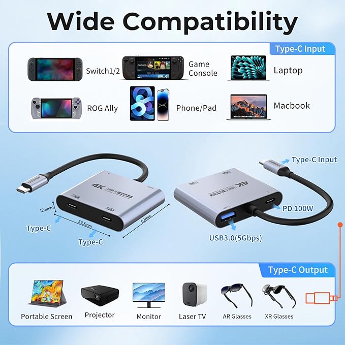 Guermok 4-in-1 Dual USB-C Display Hub 4K@60Hz Video PD 100W Fast Charging &amp USB 3.0 5Gbps Compatible with AR Glasses Switch 2 Laptops Portable Monitors &amp Type-C Displays（Silver）