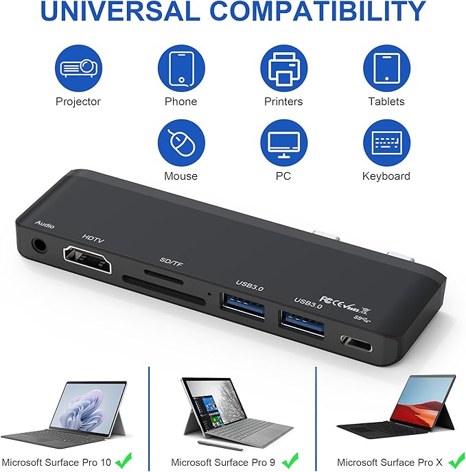 Surface Pro 9/10/11 Accessories - Surface Pro Docking Station with Thunderbolt 4(Display+Data+100W PD) 4K HDMI 2 USB3.0 3.5mm Audio SD/TF Reader HDMI+USB C Triple Display Surface Pro 11 10 9 Hub