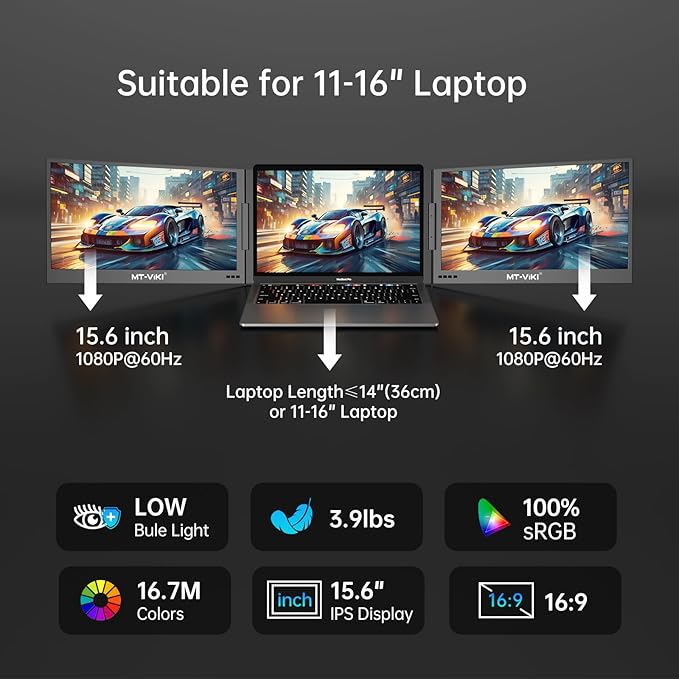 MT-VIKI 15.6 inch Laptop Screen Extender Potable Monitor for Laptop Only One USB-C Cable Connection Compatiable with Win/Mac (M1~M5) FHD 1080P 360° Rotation【Included Carrying Bag】