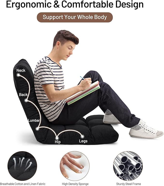 Giantex Floor Sofa Chair Video Gaming Chair with 14 Adjustable Position Padded Back Support Floor Cushioned Seat Folding Lazy Chair for Meditation Reading Watching Living Room Recliner(Black)