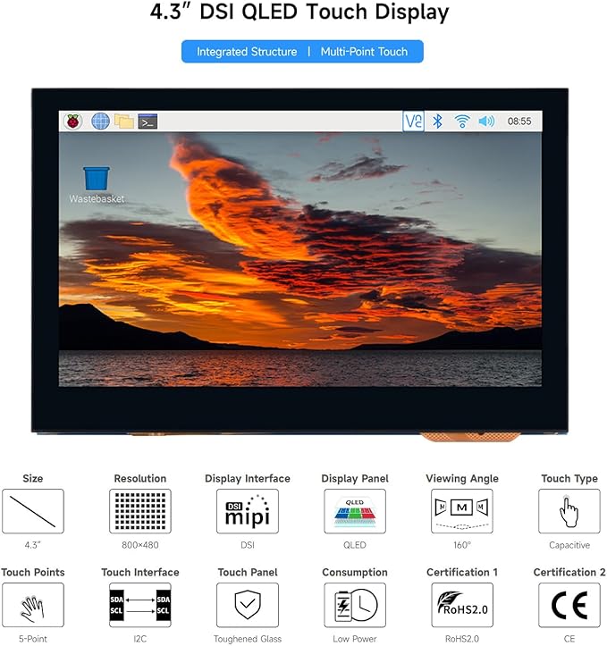 waveshare 4.3inch QLED Display Compatible with Raspberry Pi 5/4B/3B+/3A+/3B/2B/B+/A+/CM3/3+/4 DSI Interface 800 × 480 Resolution Integrated Structure
