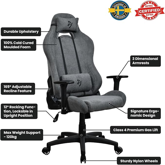 Arozzi Torretta Gaming Chair - Soft Fabric Ergonomic Gaming Chairs for Adults Adjustable Backrest with Neck &amp Lumbar Pillows - Swedish Design Home Office Setup Professional Computer Chairs Ash