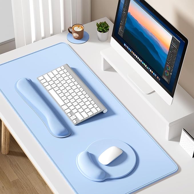 Dapesuom Large Gaming Mouse Pad Mouse Pads with Wrist Rest Wrist Support 4in1 Big XXL Desk Mat Desk Pad + Ergonomic MousePad + Memory Foam Keyboard Mat Wrist Rest + Coaster Set for ComputerSky Blue