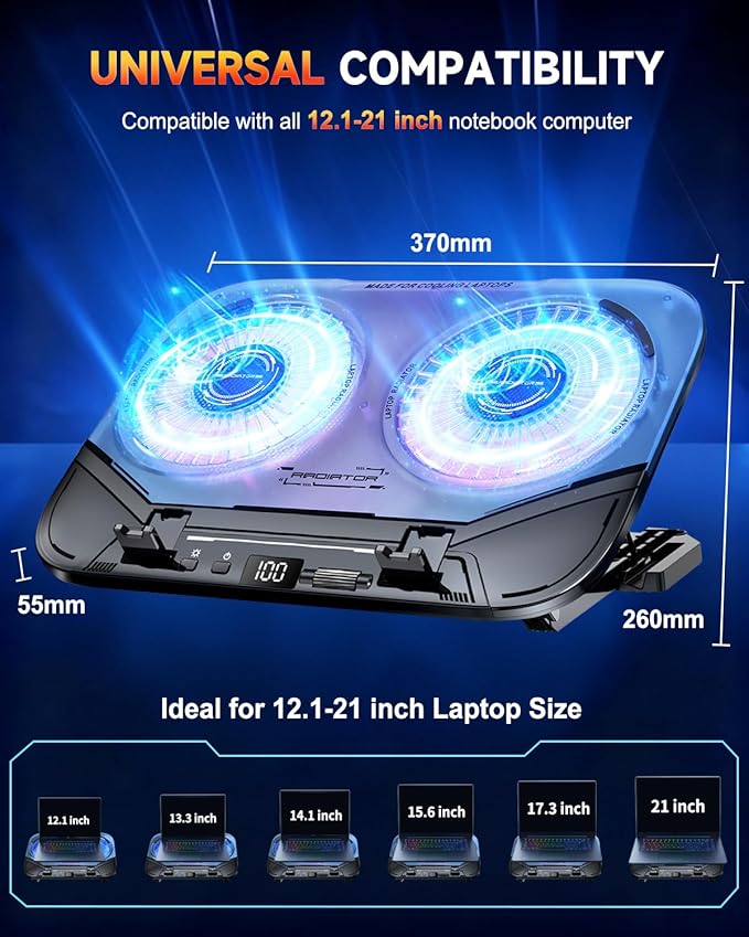 Upgraded Laptop Cooling Pad with Dual TEC Cooler Gaming Laptop Cooler 2 Powerful Turbo Fans Fast Cooling Laptop 12-21in 5 Height Stands 100 Gear Speed Adjust LCD Screen RGB Phone Holder