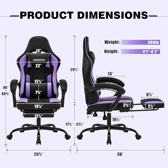 Gaming Chair Purple Gaming Chairs for Adults Teens High-Back Ergonomic Computer Chair with Extended Footrest Removable Headrest &amp Lumbar Support Wide PU Leather Reclining Desk Chair