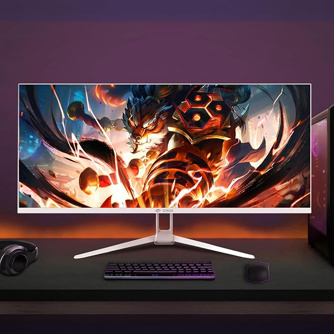 CRUA 34'' White Gaming Monitor 165HZ/144HZ WQHD(3440x1440P) IPS UltraWide Screen Computer Monitors with Built-in Speakers Supports FreeSync 120% sRGB HDMI 2.0 &amp DP 1.4 Wall Mountable Install