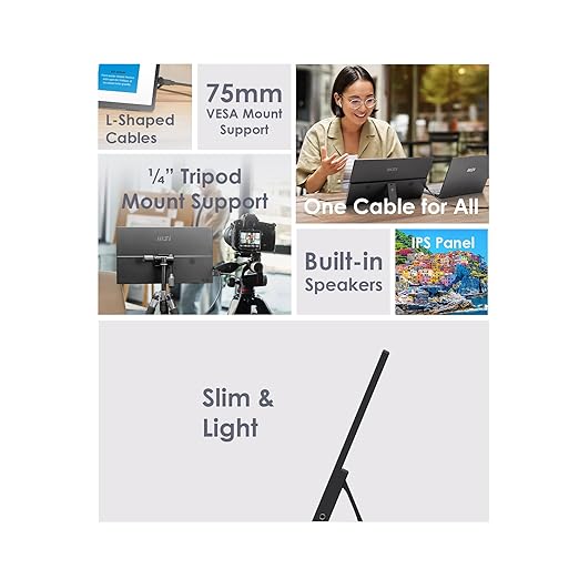 msi Pro MP165 E6 Ultra Slim &amp Light Portable Monitor15.6 FHD IPS 1080p USB Type-C HDMI Built-in Speakers Tripod Mount Support Perfect for PC Mac PS5 PS4 Xbox Mobile Metal Gray