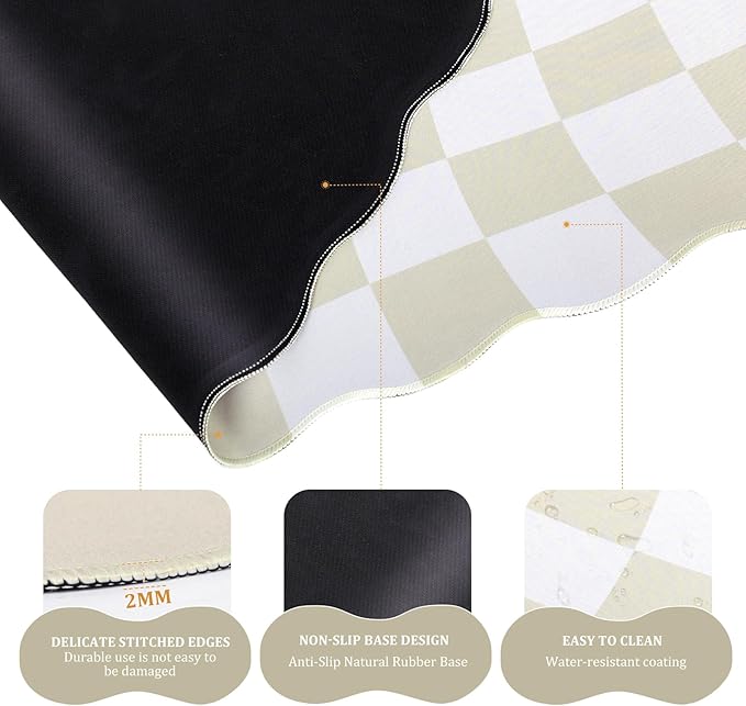 L-SPOUTTO Beige Checkered Mouse Pad SetScalloped XXL Desk Mat + Ergonomic Mouse Wrist Rest + Gel Keyboard Wrist Rest for Keyboard 65%/75%3in1 Large Desk Pad for Desktop Home Office Computer Game