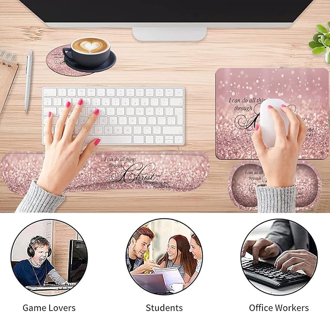 Ergonomic Keyboard Wrist Rest Pad + Wrist Rest Pad + Square Mouse Pad + Coaster Soft Lycra and Non-Slip Rubber Base Gel Memory Foam Wrist Pad Set for Pain Relief Bible 4-13 Astigmatic