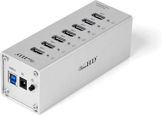ViewHD Professional Premium Quality USB 3.0 7-Port Hub with On/Off Power Switch + 12V 4A Power Adapter + USB Cable in Full Metal Case (Silver) | VHD-U3P7S