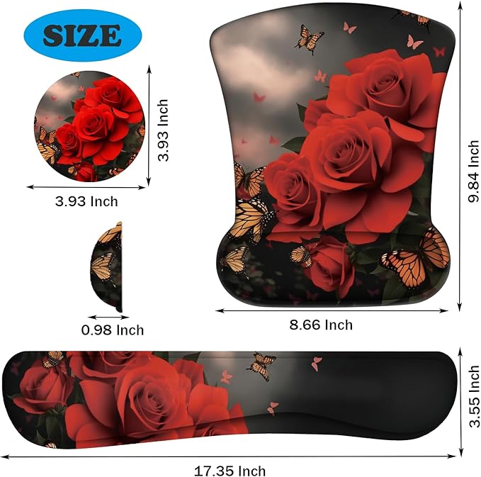 Keyboard Wrist Support + Wrist Mousepad + Coaster Combination Non-Slip PU Base with Gel Memory Mousepad Suitable for Gaming Office Pain Relief Mousepad Set - Flower Butterfly Pink Rose