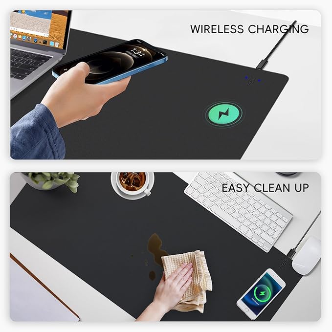 Mouse Pad with Wireless Charging PU Leather Fast Charging Gaming Mouse Pad Waterproof Anti-Slip Surface Easy Clean Office Table Mat 32L x 16W x 0.15H inches Black(Right Side Charging Port)