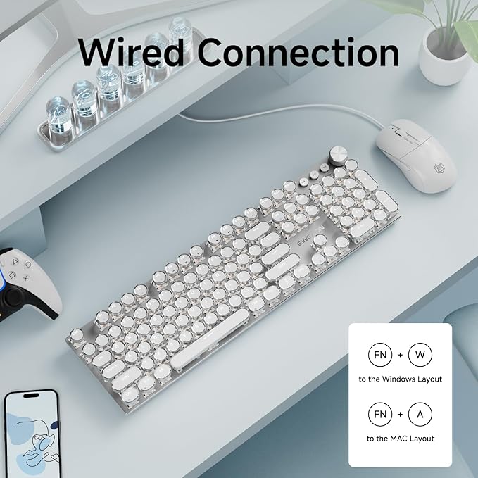 EWEADN Wired Typewriter Keyboard and Mouse Combo Typewriter Style Mechanical Gaming Keyboard104 Keys Backlit LED Keyboards Media Control Knob Wired Keyboard White Switch for Windows/Mac/PC-White