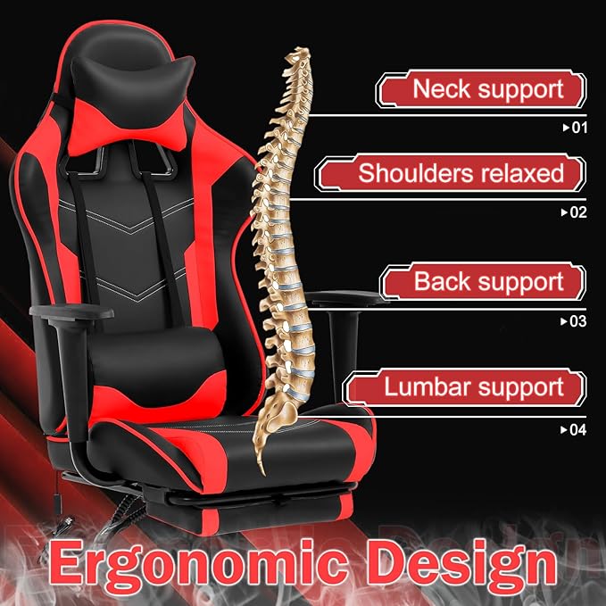 Red PC Gaming Chair Ergonomic Racing Office Chair Video Game Chair Massage Lumbar Support with Arms Footrest &amp Headrest Nice Chic Desk Chair Adjustable Best Home Office Chair