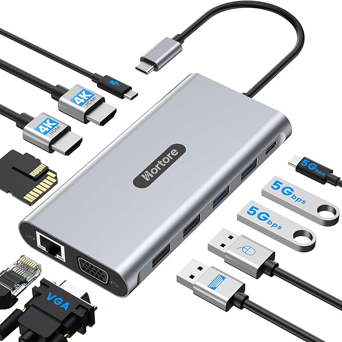 USB C Docking Station 12-in-1 USB C Hub Dual Monitor with 2 HDMI VGA RJ45 100W PD USB-C Data 2 USB 3.0 2 USB 2.0 SD/TF Card Reader for MacBook/Dell/HP/Lenovo