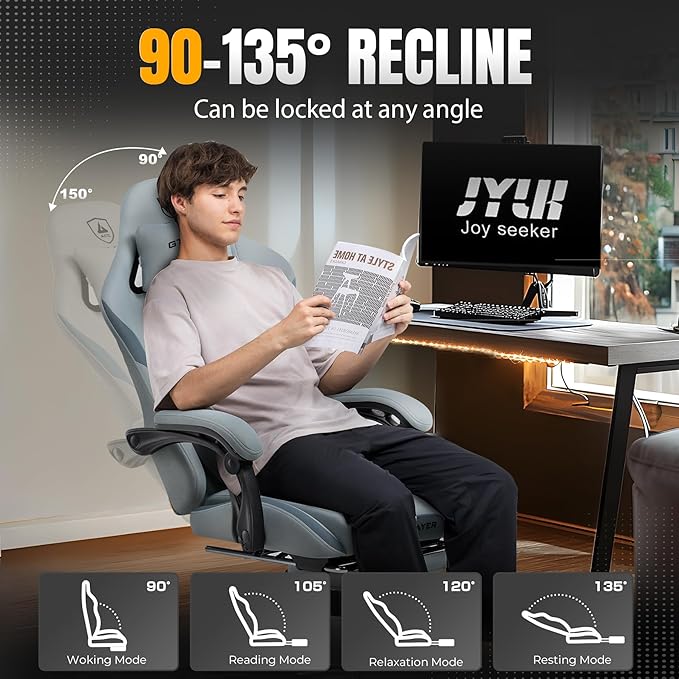 GTPLAYER Gaming Chair with Foot Rest &amp Pocket Spring Cushion Breathable Fabric for Home Office Desk Ergonomic High Back Computer Chair with Headrest &amp Lumbar Support Blue/Gray