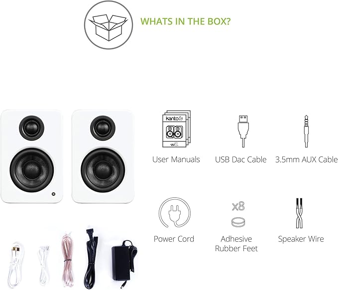 Kanto YU2MW PC Gaming Desktop Speakers | 3 Composite Drivers | 3/4 Silk Dome Tweeter | Class D Amplifier | 100 Watts | Built-in USB DAC | Subwoofer Output | Pair | Matte White