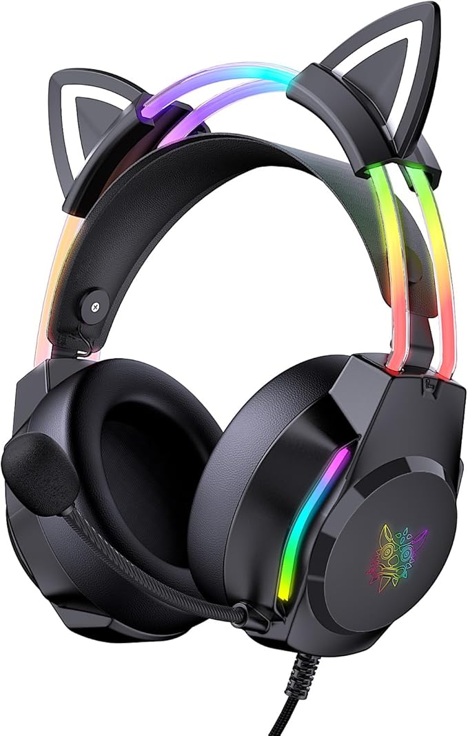 Gaming Headset with Microphone Cat Ear Headphones for PC Laptop PS4 PS5 Xbox Switch Rainbow RGB Lighting &amp Virtual Surround Sound 3.5mm Wired Over Ear Headphones Ergonomic