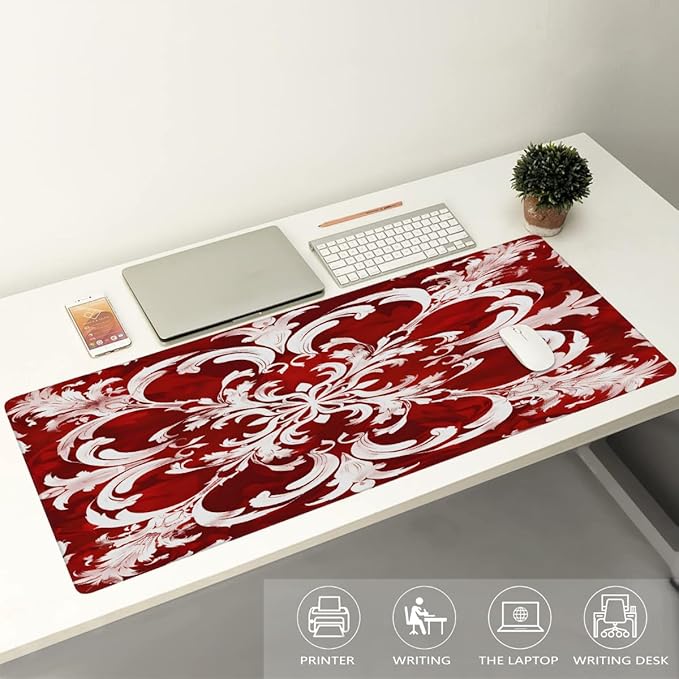 Abstract Red White Flower Large Mouse Pad Gaming Mousepad Desk Mat for Desktop Computer Keyboard Waterproof Mouse Mat Desk Pad with Non-Slip Base for Game School Office Home 35.4 x 15.7