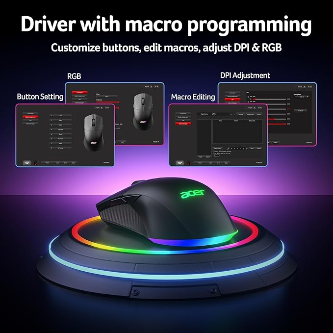 acer Wireless Gaming Mouse for Laptop 24000 DPI Wired Computer Mouse with 8 Programmable Buttons Left &amp Right Hand Rechargable Gaming Mice Long Battery Life RGB Lighting Gamer for PC Deskto