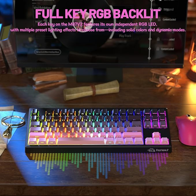 M87V2 Wireless Keyboard Low Profile Quiet Typing Membrane Gaming Keyboard with 80% TKL Layout Side Printed Keys RGB Backlit USB C Rechargeable87 Keys PBT Keycap for Windows PCMacLinux-Blackberry