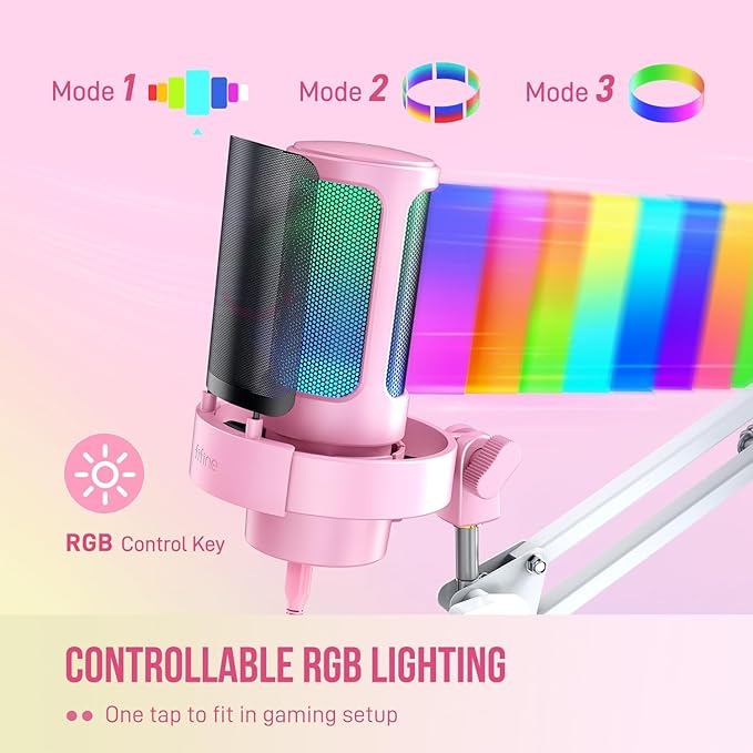 FIFINE USB Streaming Microphone with Boom Arm Gaming Mic Kit for PC PS4/PS5 Podcast Microphone for Podcast with RGB Control Mute Button Gain Knob Headphones Jack Pop Filter-A8T Pink