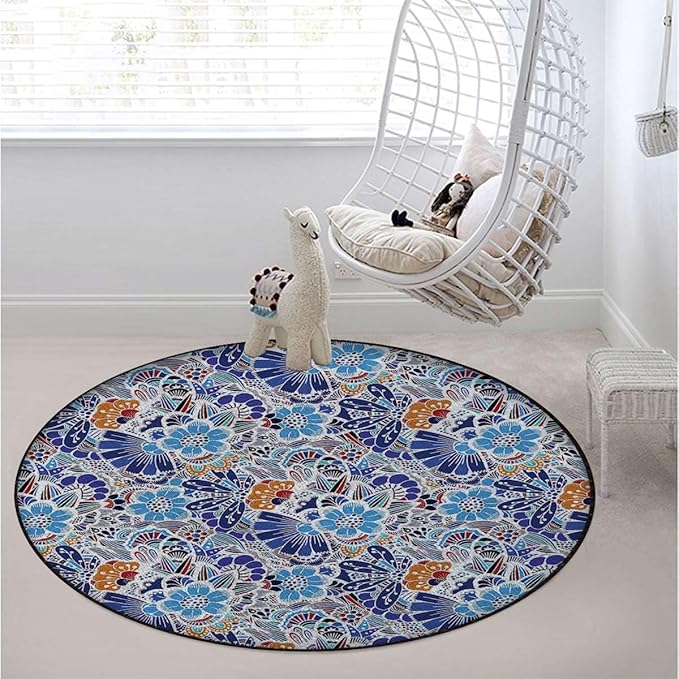Multicolor Round Rug Rugs Soft Non-Slip Circular Throw Rug Carpet for Shower Sink Powder Room Nursery Bedroom Table Colorful Shapes Floral Flower Art Diameter 51 in