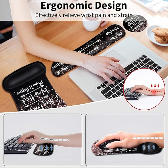 Ergonomic Gel Mouse Pad with Wrist Support Keyboard Wrist Rest Non-Slip PU Base for Home Office Working Studying Easy Typing &amp Pain Relief Rose Gold Black MousepadStay Positive Work Hard