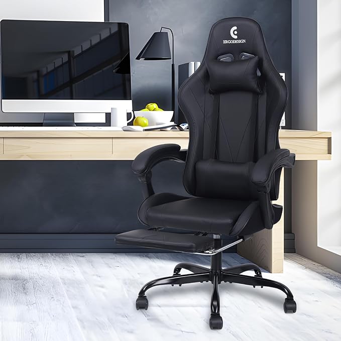 Gaming Chair with Linkage Armrest &amp Footrest High Back Video Gaming Chair Black