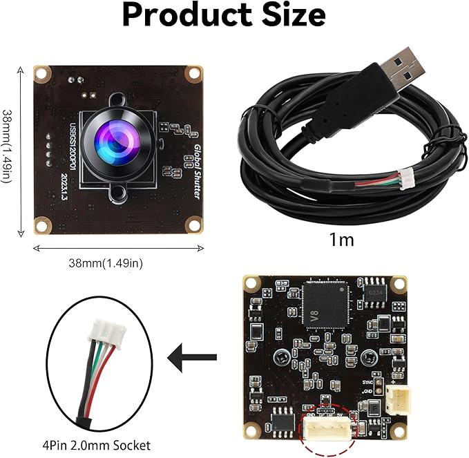 Magnolia Global Shutter USB Camera Module 2MP 90fps High Speed UVC Camera with Wide Angle 200 Degree Fisheye Lens AR0234 Lightburn Webcam Compatible with Windows/Linux/Android and Mac OS