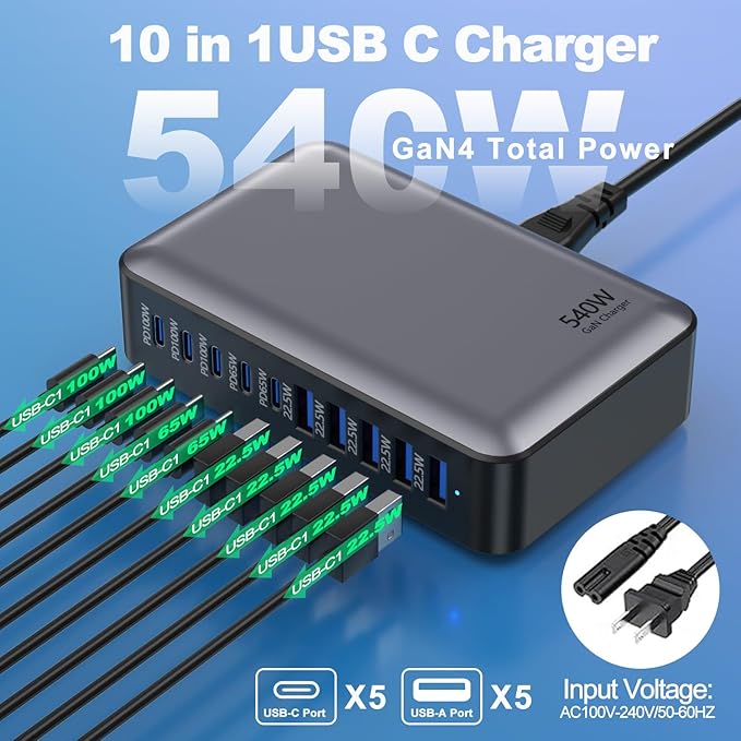 USB C Fast Charger Block USB Charging Station 540W PD 100W Laptop Charger GaN Charging Block 10 Port Multi Port Charer Hub Compatible with LaptopMacBookiPadiPhoneSamsung GalaxyDell