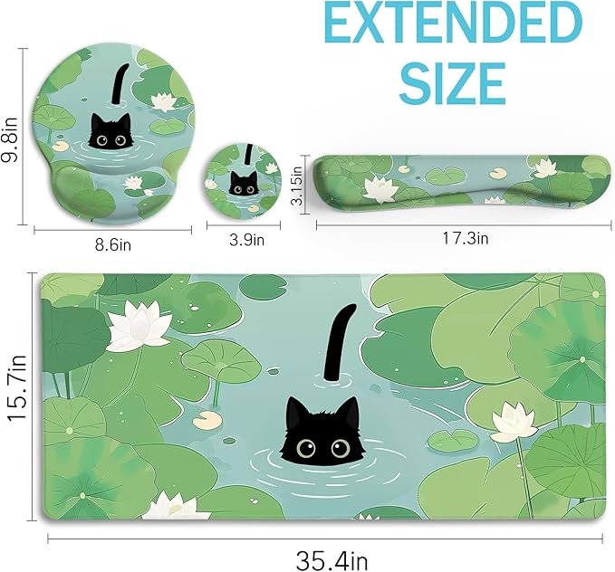 Blusabaca Mouse Pad Desk Pad Cat Lotus Leaf Desk Mat Large Gaming Mouse Pad with Wrist Rest Cute Keyboard Pad Wrist Rest Ergonomic Cup Coaster Work Home Accessories Office Supplies Decor