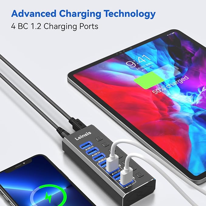 Powered USB Hub 3.0 Leinsis 7-Port USB 3.0 Hub [Durable Aluminum] 7 Data Transfer Ports+ 4 Smart Charging Ports with Individual On/Off Switches USB Hub 3.0 Powered with Power Adapter for Laptop PC