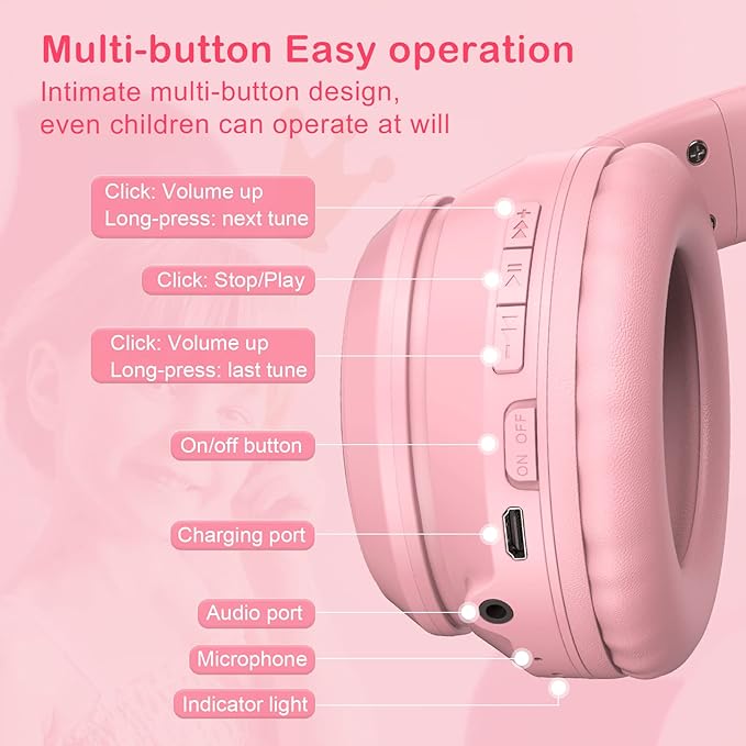 Pink Bluetooth Cat Ear Headphones for Kids &amp Adults Wireless &amp Wired Mode Foldable Headset with Mic - Clear Sound Quality - RGB LED Light for Girls School Gaming for Phone/Laptop/PC/Tablet
