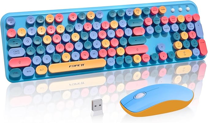 FOPETT Wireless Keyboard and Mouse Combo 105 Keys Full-Sized 2.4 GHz Round Keycap Colorful Keyboards USB Receiver Plug and Play for Windows Mac PC Laptop Desktop (Blue Colorful)