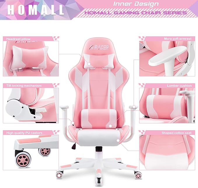 Homall Gaming Chair Office Chair High Back Computer Chair Leather Desk Chair Racing Executive Ergonomic Adjustable Swivel Task Chair with Headrest and Lumbar Support(Pink)